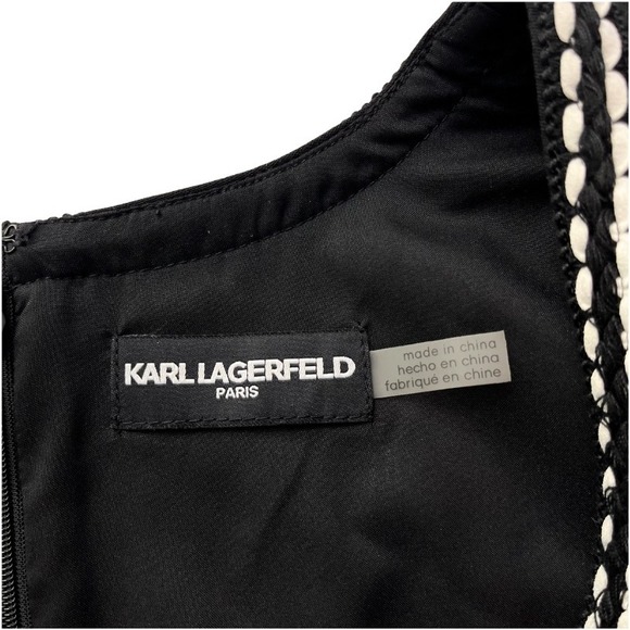 Karl Lagerfeld Paris Black Dress 10 Pleated Faux Leather Hem Trim Tweed Detail - Picture 3 of 12
